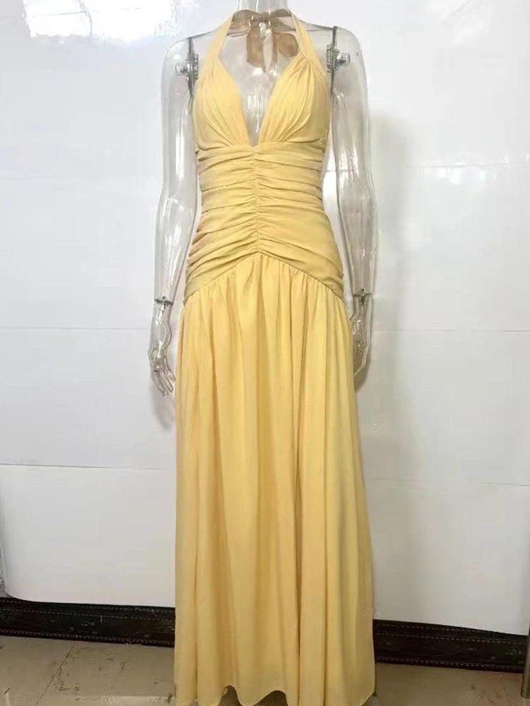 Mozision Women Halter Sexy Maxi Dress Deep V Neck Pleated Backless High Split Evening Party Dress Elegant Beach Long Dresses