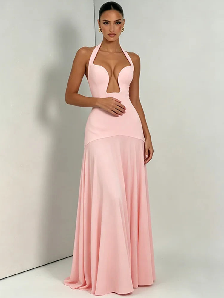 Mozision Halter V Neck Sexy Maxi Dress Women Elegant Off-shoulder Sleeveless Backless Cut Out Bodycon Club Party Long Dresses