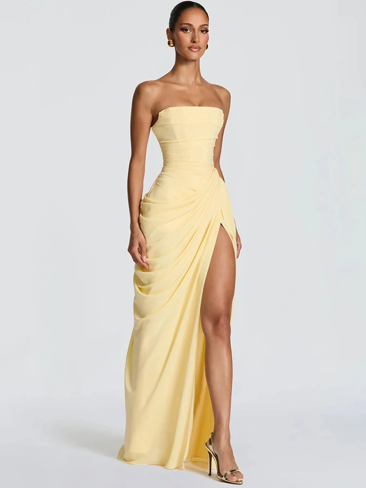 Mozision Chiffon Off-shoulder Strapless Sexy Maxi Dress Women Elegant Sleeveless Backless High Split Ruched Club Party Dress