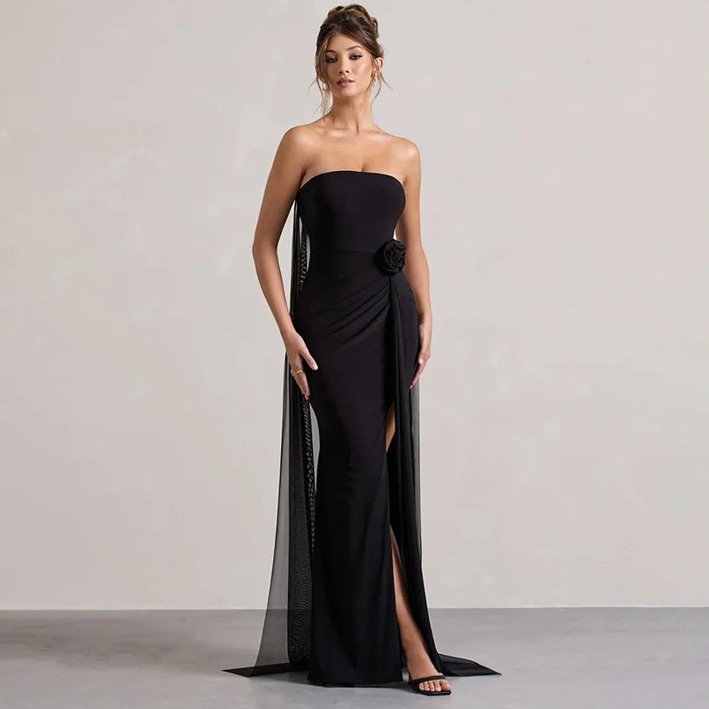 שמלת מקסי אלגנטית סטרפלס בתוספת בד נשפכת