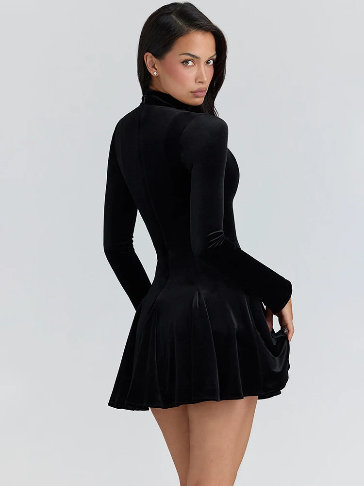 Mozision Hollow Out Long Sleeve Sexy Mini Dress Women Elegant Velvet Turtleneck High Waist A-line Club Party Dress Female