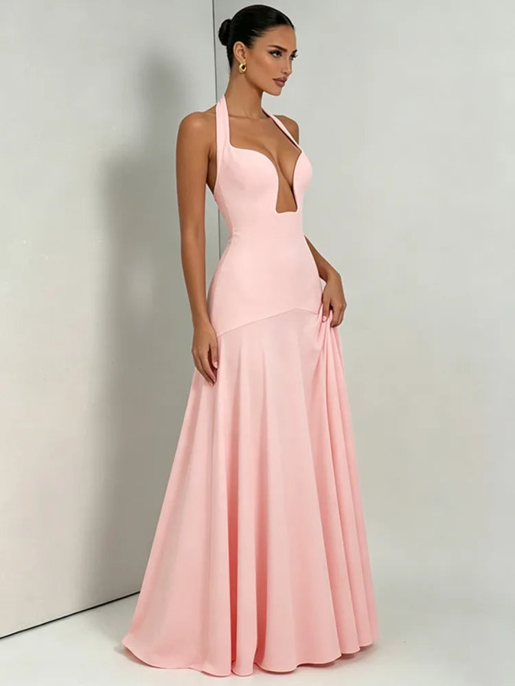 Mozision Halter V Neck Sexy Maxi Dress Women Elegant Off-shoulder Sleeveless Backless Cut Out Bodycon Club Party Long Dresses