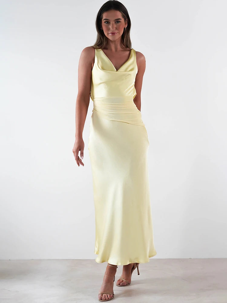 Mozision Satin Cowl Neck Sexy Maxi Dress Women Elegant Light Yellow Sleeveless Backless Bodycon Wedding Evening Club Party Dress