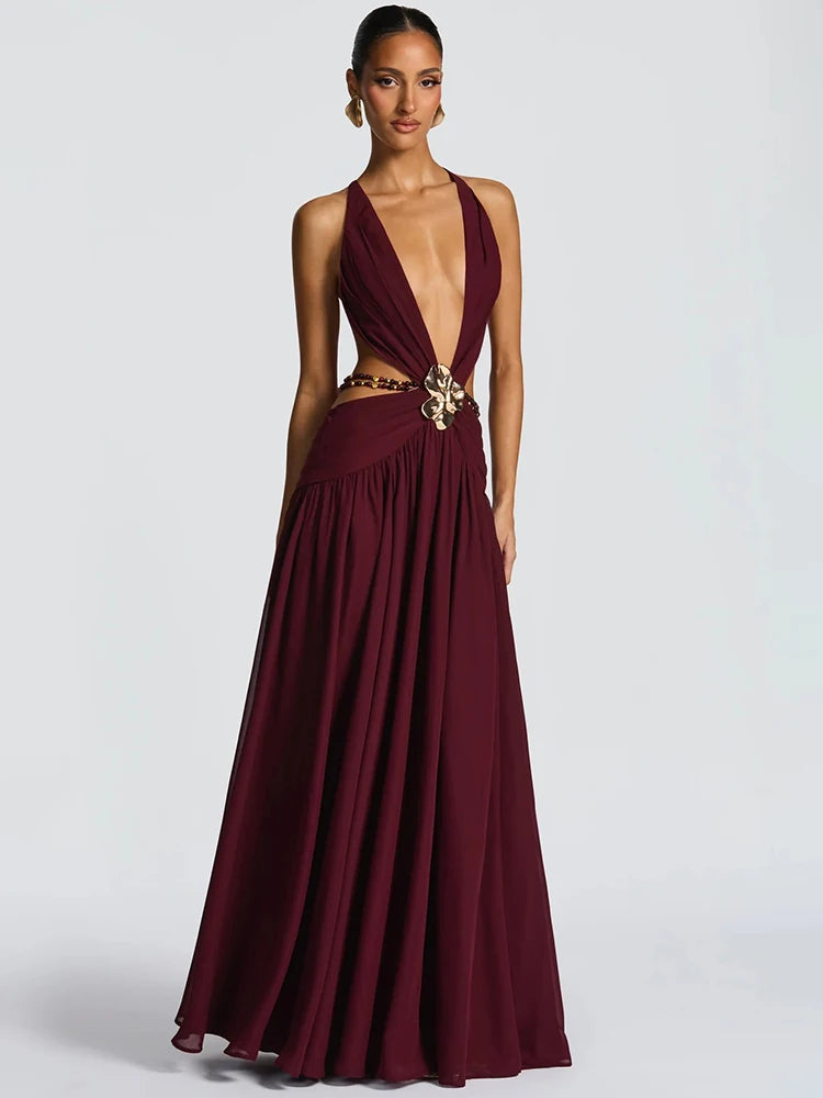 Mozision Hollow Out Deep V Neck Sexy Maxi Dress Women Gown Metal Buckle Sleeveless Backless Thigh High Split Club Party Dresses