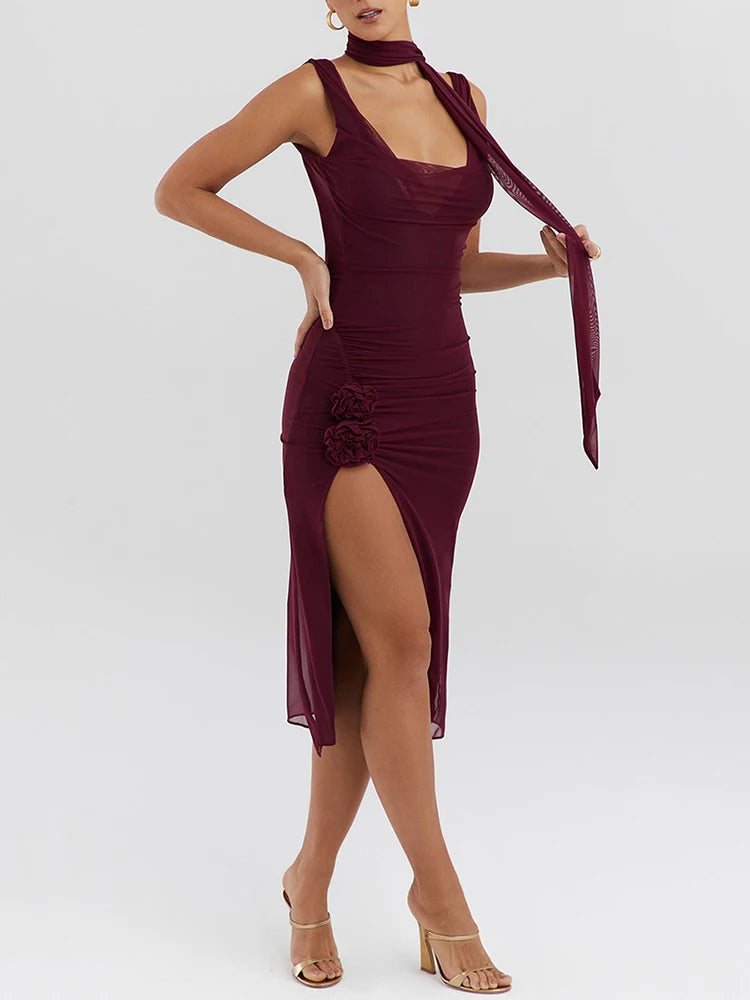 Mozision Elegant Flower High Split Sexy Midi Dress For Women Two Layer Mesh Sleeveless Backless Bodycon Club Dress Party Outfits