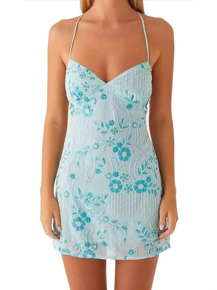Mozision Sequins Backless Sexy Mini Dress Women Spaghetti Strap Off-shoulder Backless Sleeveless Sparkle Club Party Skinny Dress