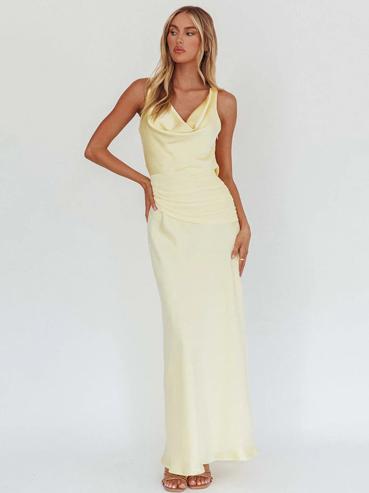 Mozision Satin Cowl Neck Sexy Maxi Dress Women Elegant Light Yellow Sleeveless Backless Bodycon Wedding Evening Club Party Dress