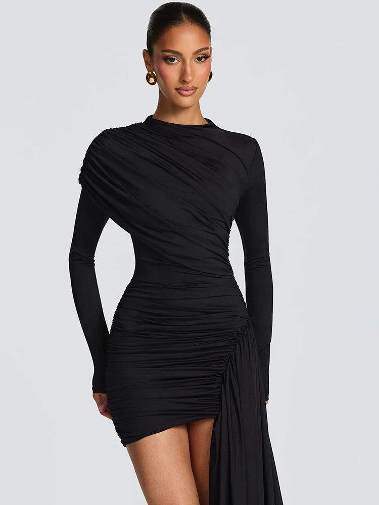 Mozision Long Sleeve Draped Ruched Sexy Mini Dress Women Gown Elegant O Neck High Waist Bodycon Club Party Dresses Female