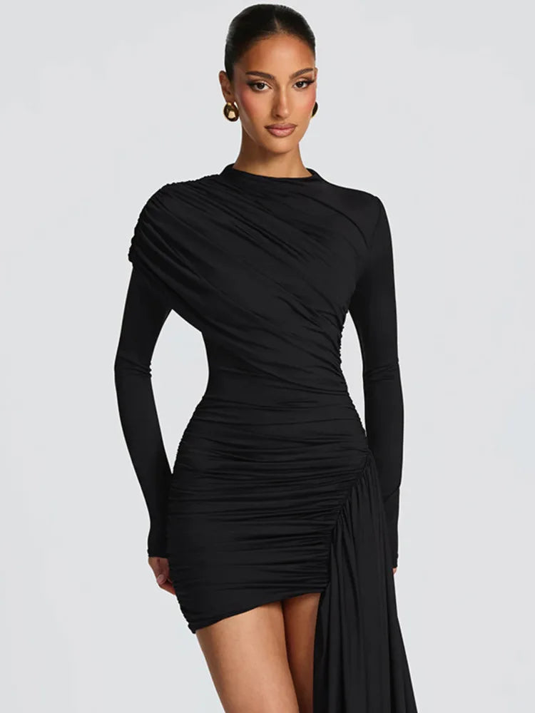 Mozision Long Sleeve Draped Ruched Sexy Mini Dress Women Gown Elegant O Neck High Waist Bodycon Club Party Dresses Female
