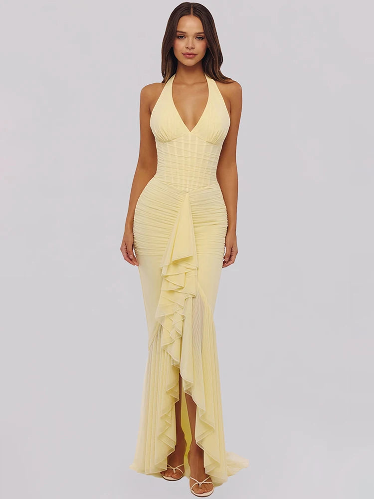 Mozision Mesh Deep V Neck Backless Sexy Maxi Dress Women Elegant Halter Off-shoulder Sleeveless Ruffled Club Party Long Dress