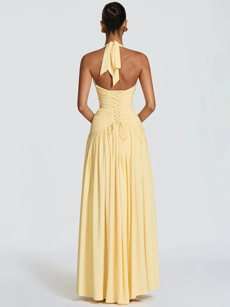 Mozision Women Halter Sexy Maxi Dress Deep V Neck Pleated Backless High Split Evening Party Dress Elegant Beach Long Dresses