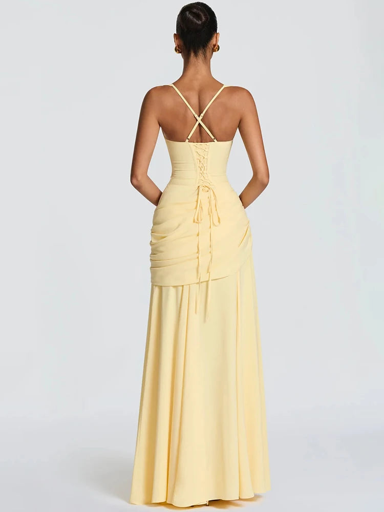 Mozision Square Collar Backless Sexy Maxi Dress Women Elegant Chiffon Sleeveless Bodycon Club Party Pleated Long Dresses