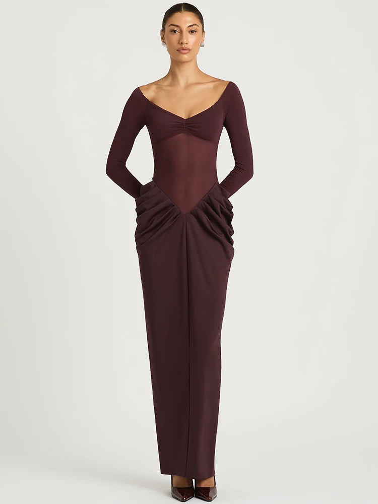 Mozision Women's Burgundy Off Shoulder Maxi Dress Long Sleeve Mesh Sheer Ruched Waist Bodycon Evening Party Cocktail Dress