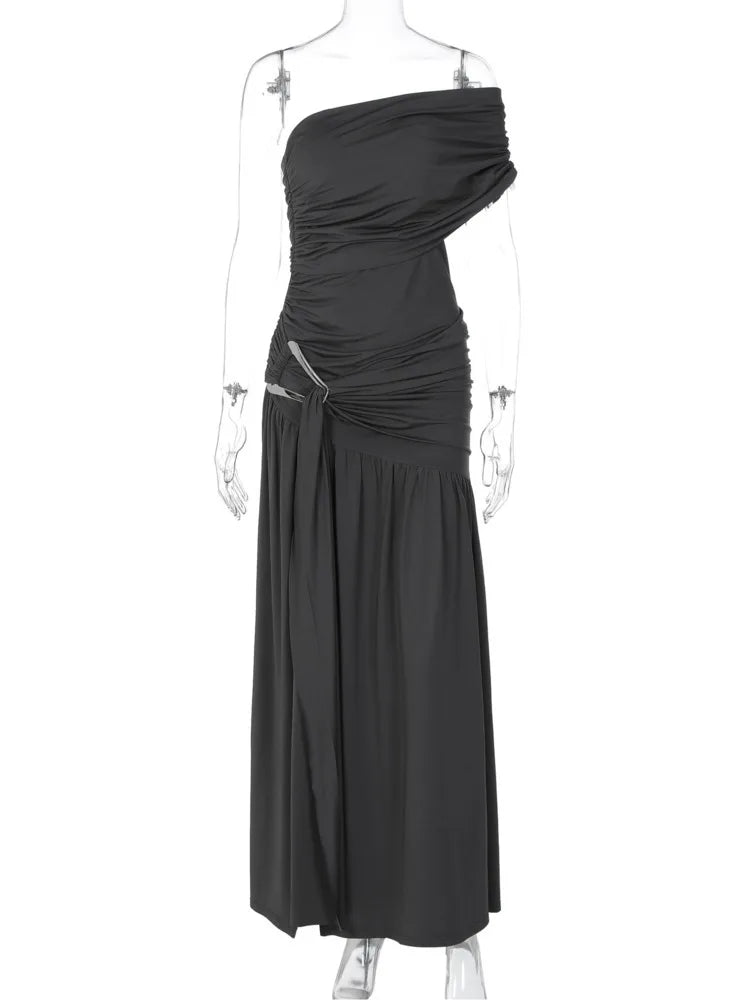 Mozision Off-shoulder Backless Sexy Maix Dress Women Elegant One Sleeve Ruched Split Club Party Pleated Long Dress Female