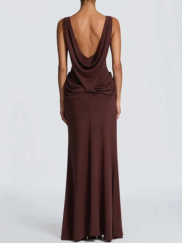 Mozision Boat Neck Backless Sexy Maxi Dress Women Elegant Sleeveless Draped Waist Ruched High Split Bodycon Club Party Dress