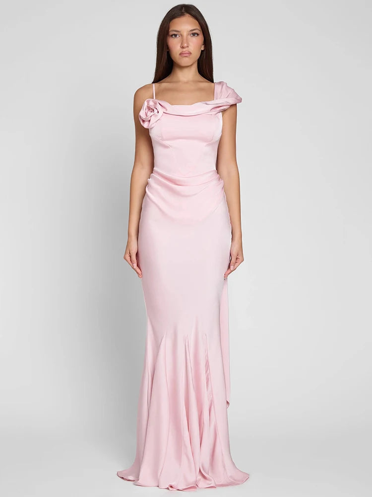 Mozision Satin Backless Sexy Maxi Dress Women Elegant One Spaghetti Strap Sleeveless Ruched Waist Club Party Mermaid Long Dress