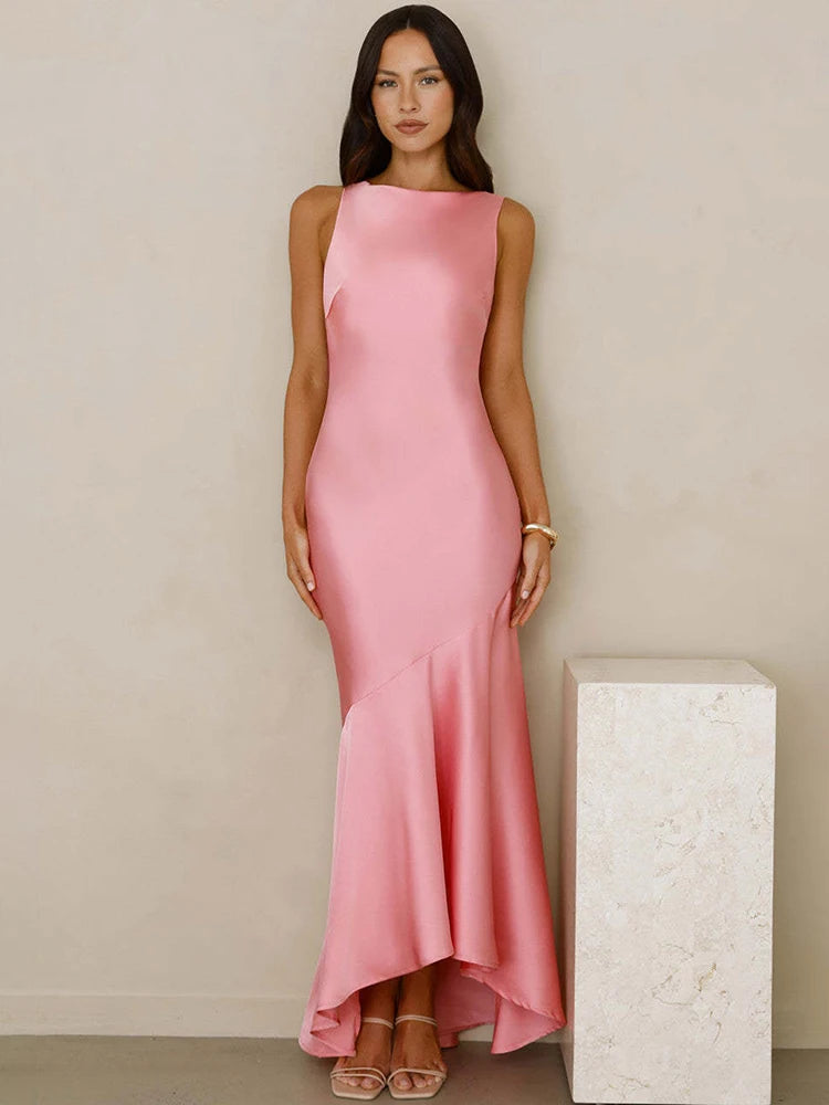 Mozision Elegant Satin Backless Sexy Maxi Dress Women Fashion Sleeveless Backless Pleated Bodycon Club Party Long Dresses