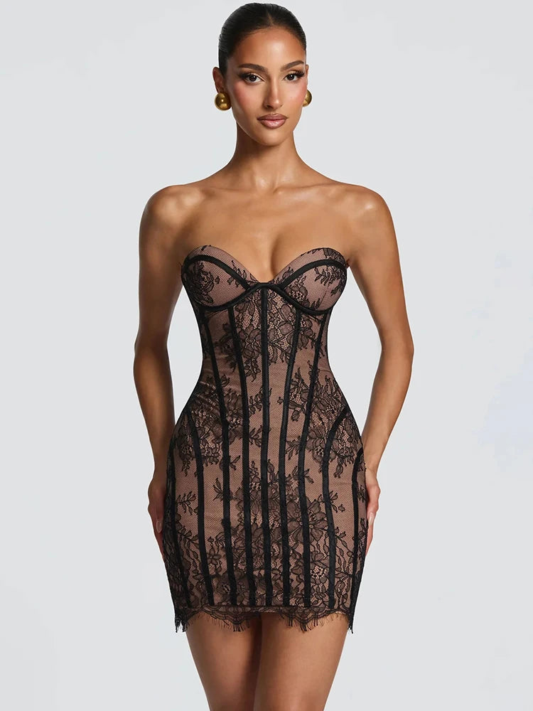 Mozision Lace Strapless Mermaid Mini Dress Women Sweetheart Neck Sheer Mesh Bodycon Short Gown Evening Party Cocktail Vestidos