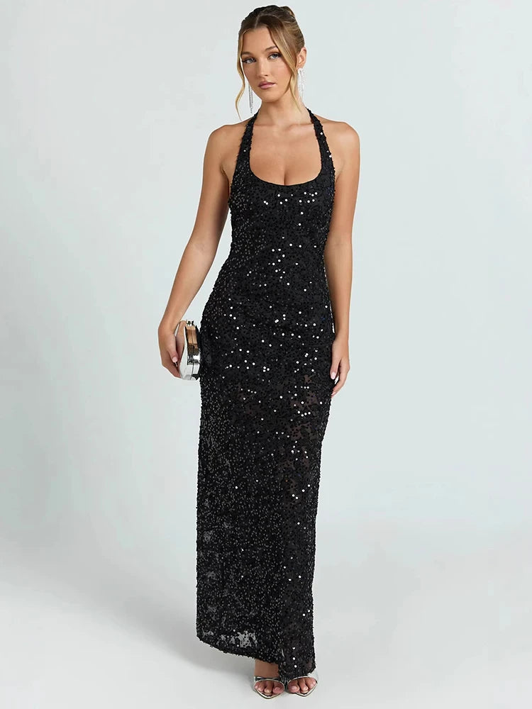 Mozision Women Halter Maxi Dress 3D Floral Sequin Mesh Mermaid Bodycon Long Dress Elegant Wedding Guest Bridesmaid Evening Gown