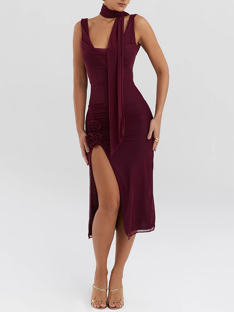 Mozision Elegant Flower High Split Sexy Midi Dress For Women Two Layer Mesh Sleeveless Backless Bodycon Club Dress Party Outfits