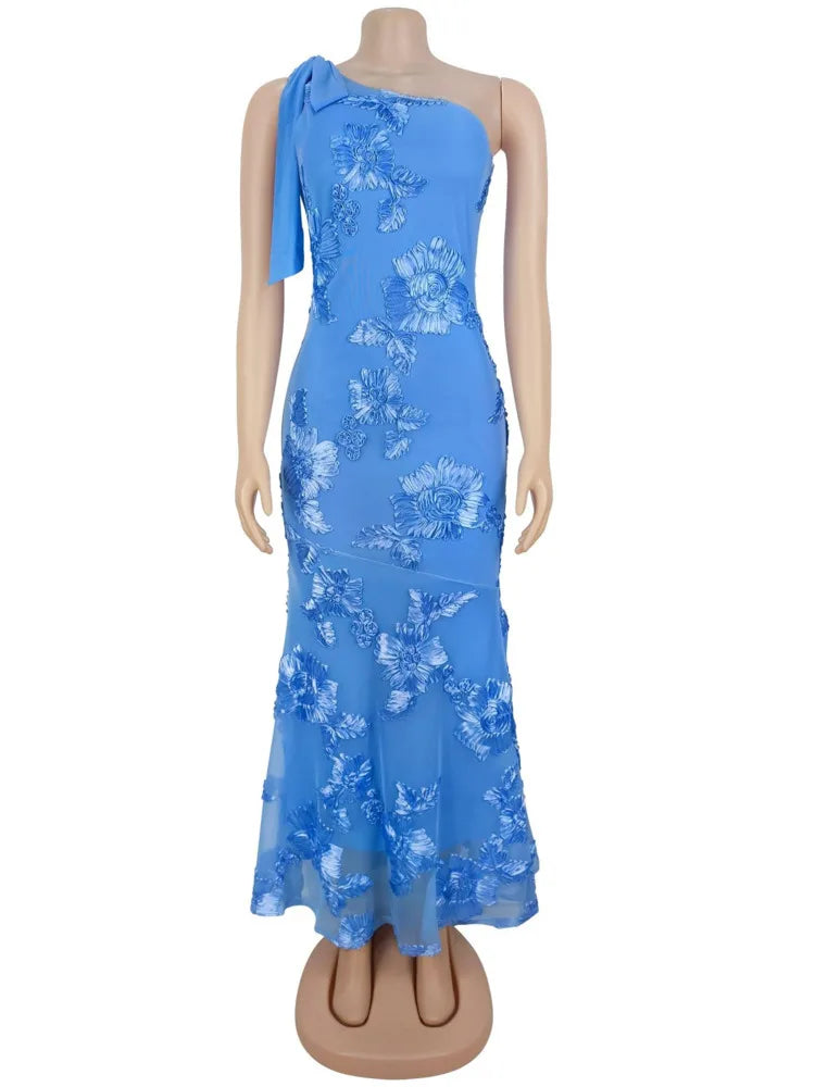 Mozision 3D Floral Applique Sexy Maxi Dress Women Elegant One Shoulder Backless Sleeveless Bodycon Club Party Evening Long Dress