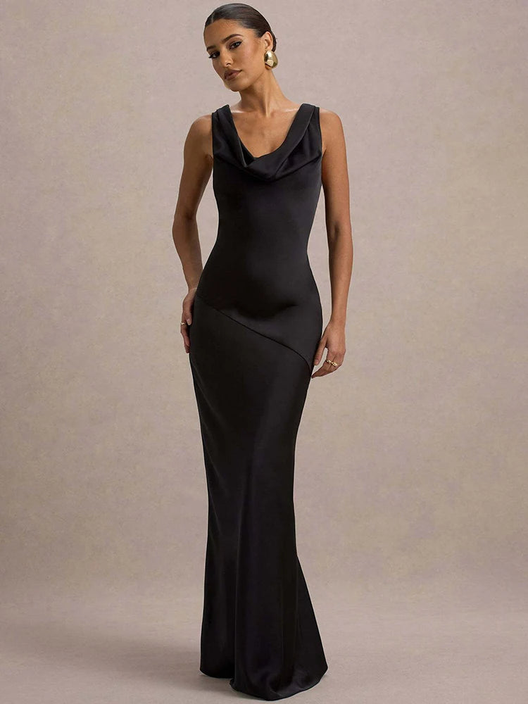Mozision Satin Cowl Neck Backless Sexy Maxi Dress Women Gown Fashion Sleeveless Lace-up Bodycon Club Party Long Dress Female