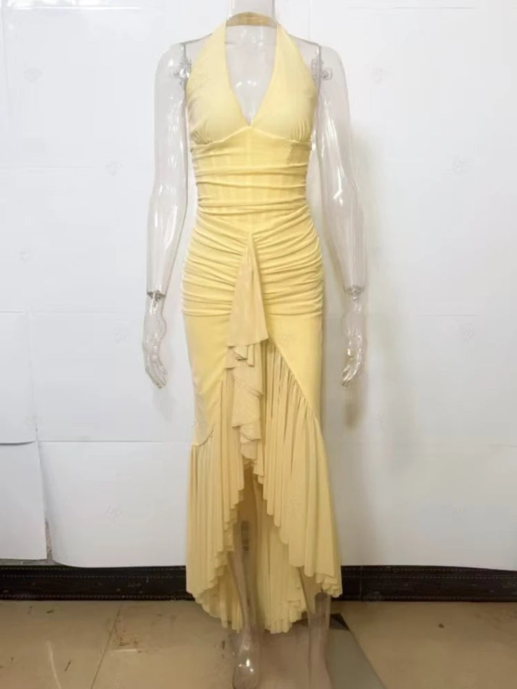 Mozision Mesh Deep V Neck Backless Sexy Maxi Dress Women Elegant Halter Off-shoulder Sleeveless Ruffled Club Party Long Dress