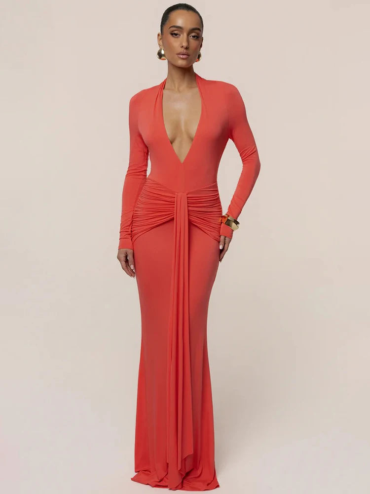 Mozision Deep V Neck Long Sleeve Sexy Maxi Dress Women Elegant Backless Ruched Waist Draped Bodycon Club Party Long Dresses