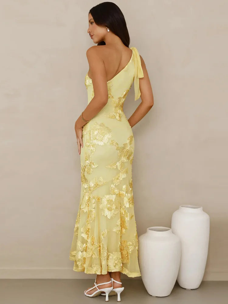 Mozision 3D Floral Applique Sexy Maxi Dress Women Elegant One Shoulder Backless Sleeveless Bodycon Club Party Evening Long Dress