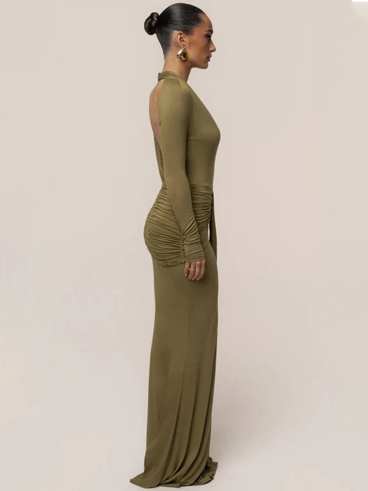 Mozision Deep V Neck Long Sleeve Sexy Maxi Dress Women Elegant Backless Ruched Waist Draped Bodycon Club Party Long Dresses
