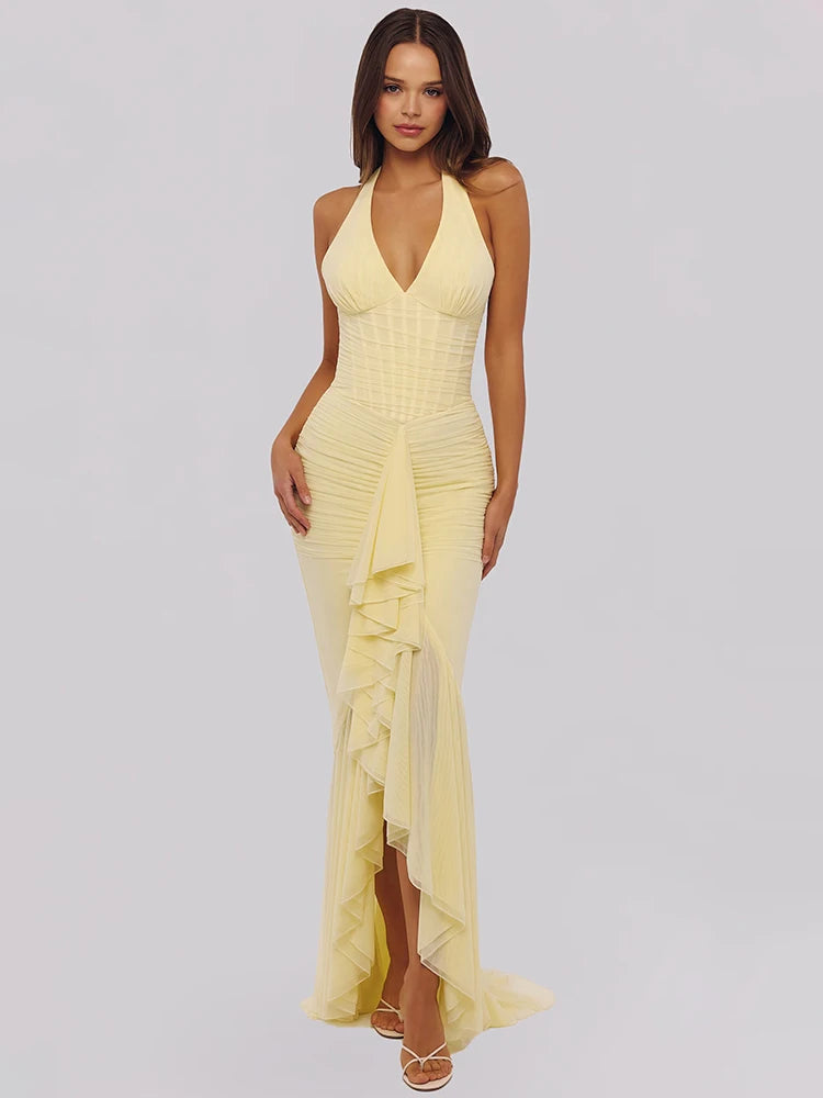 Mozision Mesh Deep V Neck Backless Sexy Maxi Dress Women Elegant Halter Off-shoulder Sleeveless Ruffled Club Party Long Dress