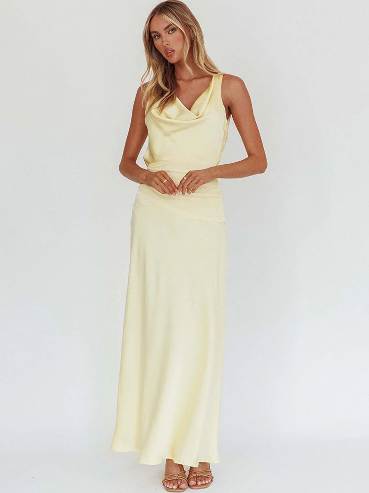 Mozision Satin Cowl Neck Sexy Maxi Dress Women Elegant Light Yellow Sleeveless Backless Bodycon Wedding Evening Club Party Dress