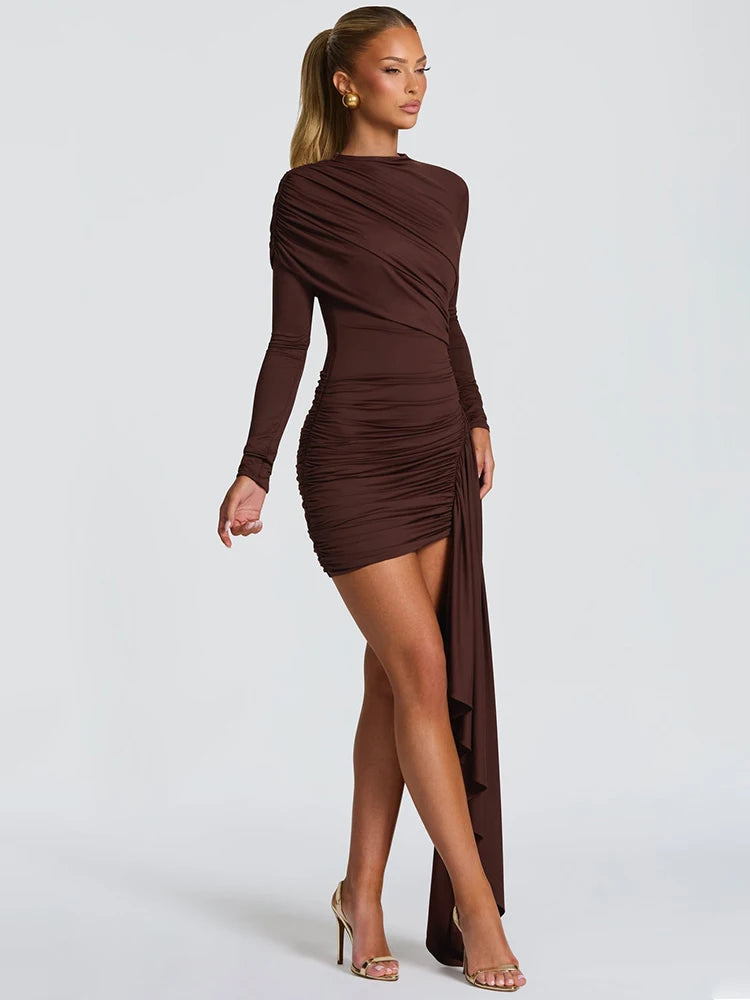Mozision Long Sleeve Draped Ruched Sexy Mini Dress Women Gown Elegant O Neck High Waist Bodycon Club Party Dresses Female