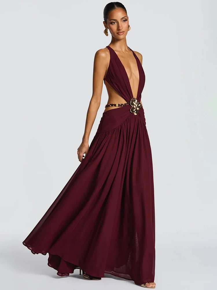 Mozision Hollow Out Deep V Neck Sexy Maxi Dress Women Gown Metal Buckle Sleeveless Backless Thigh High Split Club Party Dresses