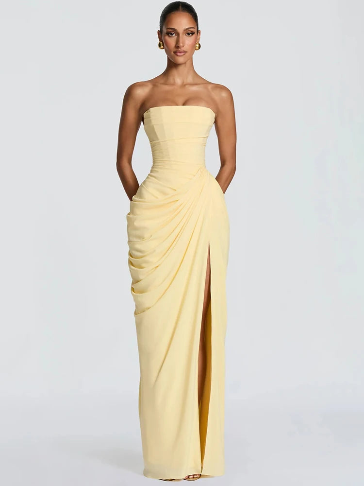 Mozision Chiffon Off-shoulder Strapless Sexy Maxi Dress Women Elegant Sleeveless Backless High Split Ruched Club Party Dress