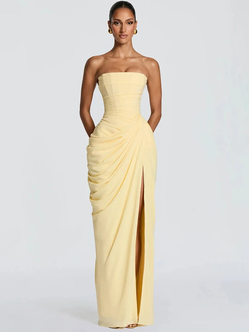 Mozision Chiffon Off-shoulder Strapless Sexy Maxi Dress Women Elegant Sleeveless Backless High Split Ruched Club Party Dress