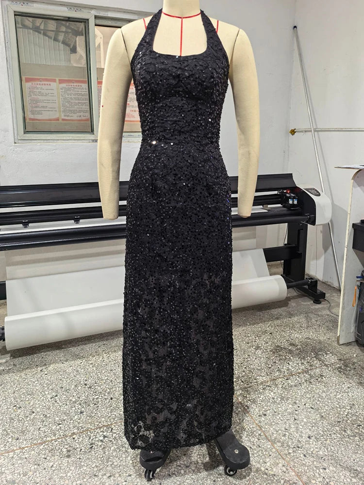 Mozision Women Halter Maxi Dress 3D Floral Sequin Mesh Mermaid Bodycon Long Dress Elegant Wedding Guest Bridesmaid Evening Gown