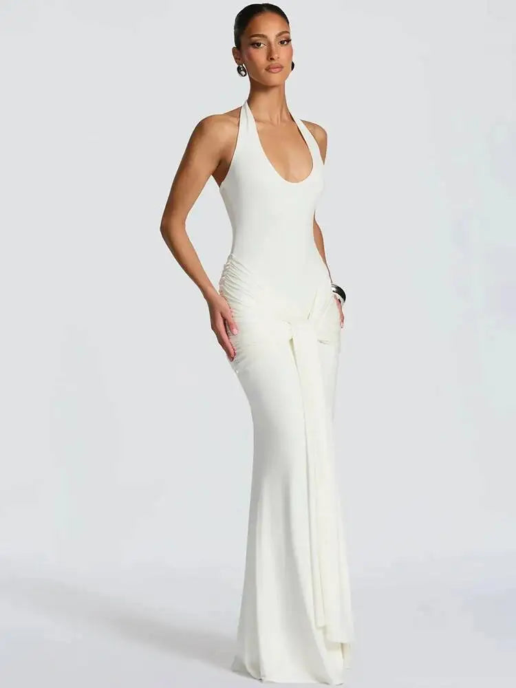 Mozision Halter Backless Sexy Maxi Dress Women Elegant V Neck Sleeveless Draped Ruched Bodycon Club Party Long Dress Female