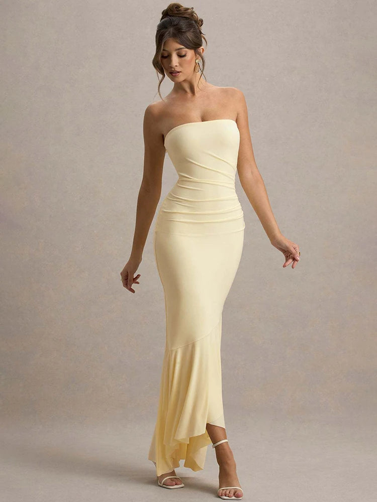 Mozision Off-shoulder Strapless Sexy Maxi Dress Women Fashion Elegant Sleeveless Backless Bodycon Pleated Club Party Long Dress