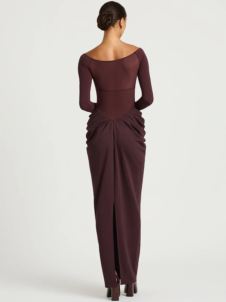Mozision Women's Burgundy Off Shoulder Maxi Dress Long Sleeve Mesh Sheer Ruched Waist Bodycon Evening Party Cocktail Dress