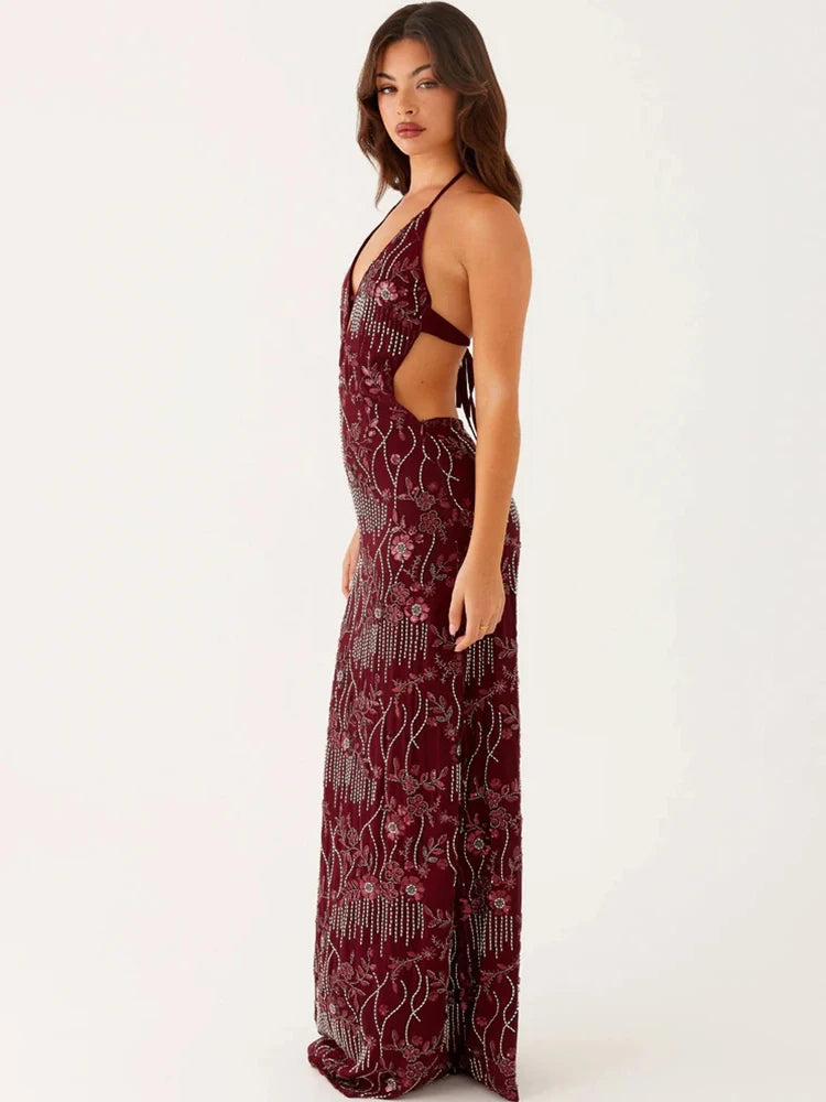 Mozision Sequins Hollow Out Backless Sexy Maxi Dress Women Gown Fashion Sparkle Halter Sleeveless Bodycon Club Party Dresses