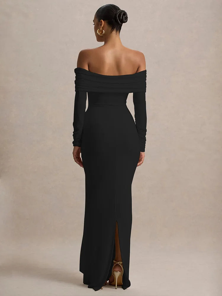 שמלת מקסי סטרפלס שרוולים ארוכים