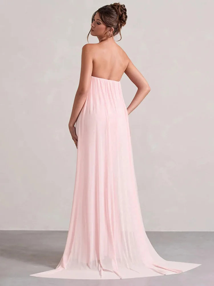 שמלת מקסי אלגנטית סטרפלס בתוספת בד נשפכת