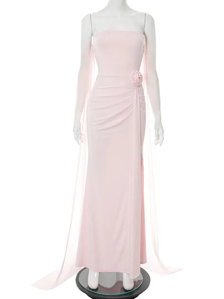 שמלת מקסי אלגנטית סטרפלס בתוספת בד נשפכת