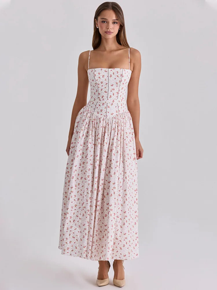 Mozision Summer Women Floral Print Sexy Maxi Dress Women Elegant Square Neck Spaghetti Strap Sleeveless Backless Club Long Dress