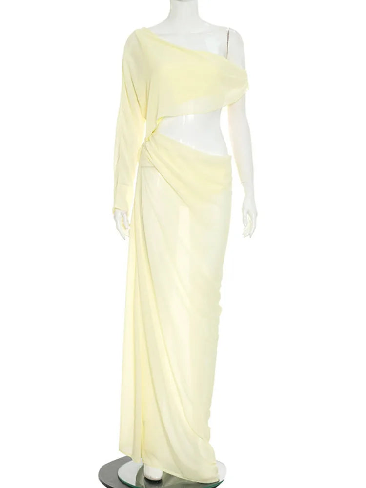 Mozision Off Shoulder Cutout Sexy Maxi Dress Women Elegant Draped Slinky Ruched Bodycon Cocktail Evening Party Dresses Gown
