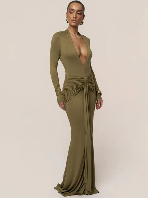 Mozision Deep V Neck Long Sleeve Sexy Maxi Dress Women Elegant Backless Ruched Waist Draped Bodycon Club Party Long Dresses