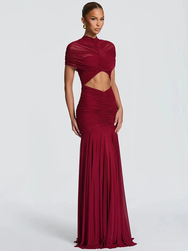 Mozision Short Sleeve Ruched Sexy Maxi Dress Women Elegant Hollow Out Turtleneck Bodycon Pleated Club Party Long Dress Female