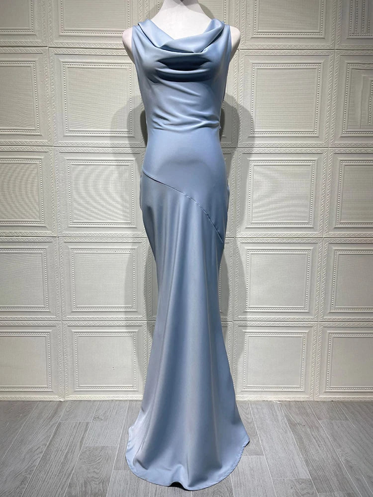Mozision Satin Cowl Neck Backless Sexy Maxi Dress Women Gown Fashion Sleeveless Lace-up Bodycon Club Party Long Dress Female