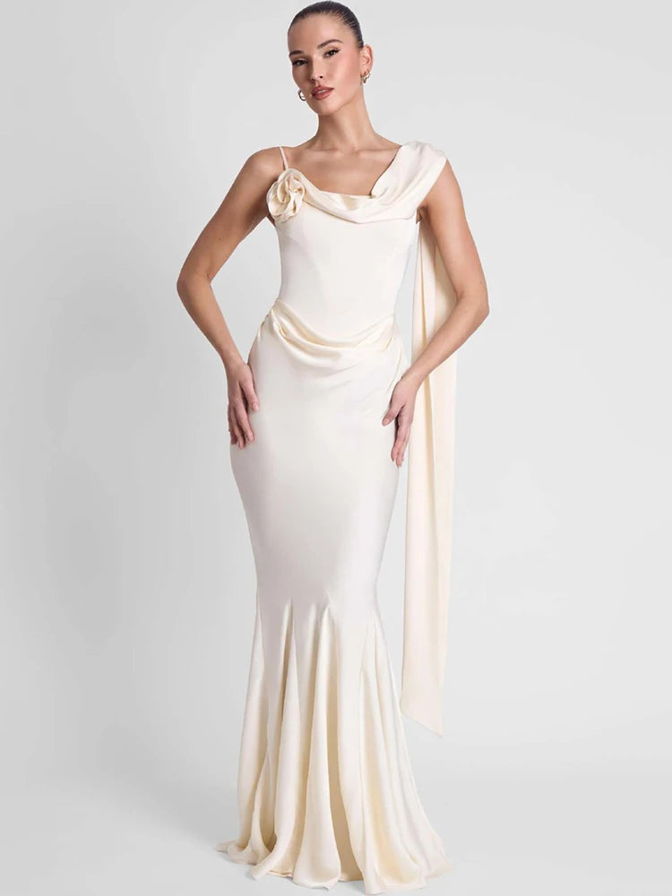 Mozision Satin Backless Sexy Maxi Dress Women Elegant One Spaghetti Strap Sleeveless Ruched Waist Club Party Mermaid Long Dress